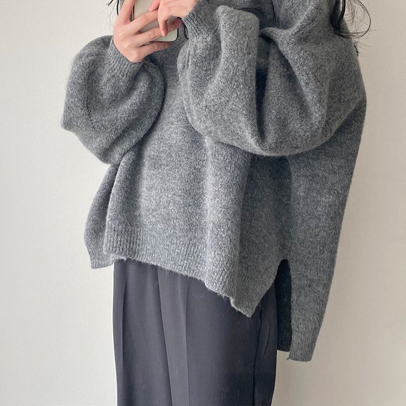 Lazy style sweater for women thickened winter Korean mid-length super soft slit sweater