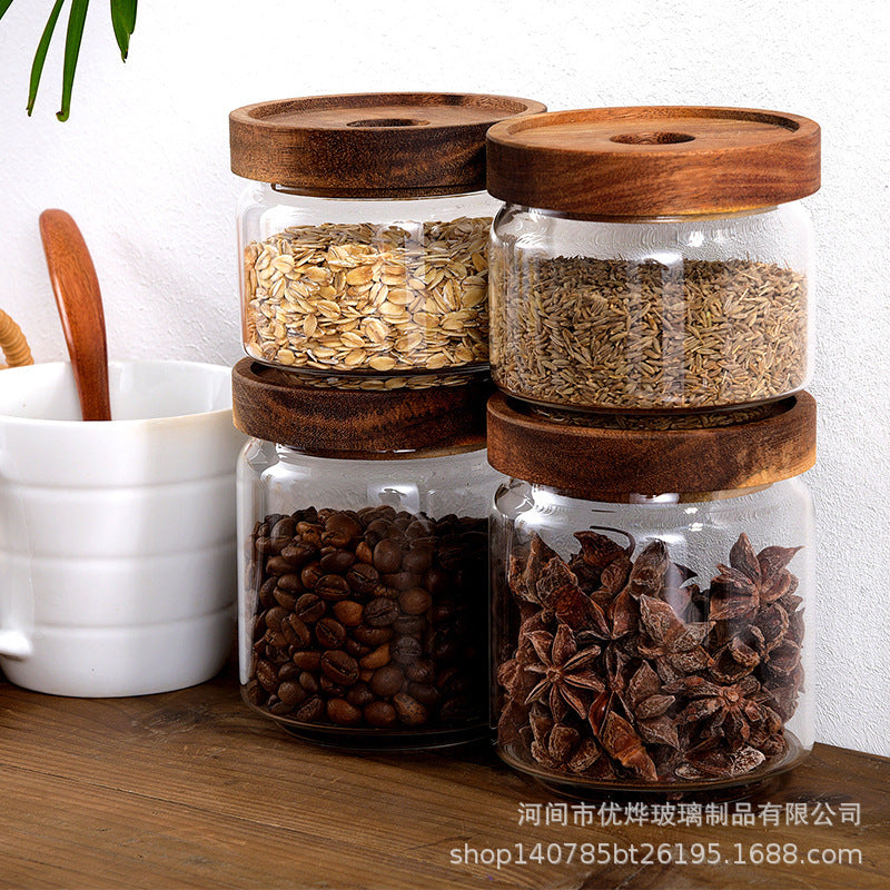 Japanese-style acacia wood lid sealing silicon transparent glass storage jar
