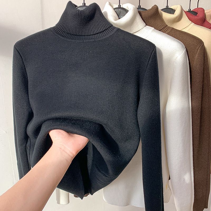 Autumn and winter new high-necked knitted sweater top with velvet and thick inner