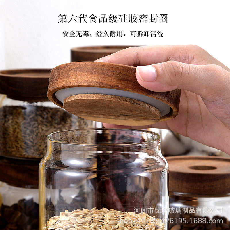 Japanese-style acacia wood lid sealing silicon transparent glass storage jar