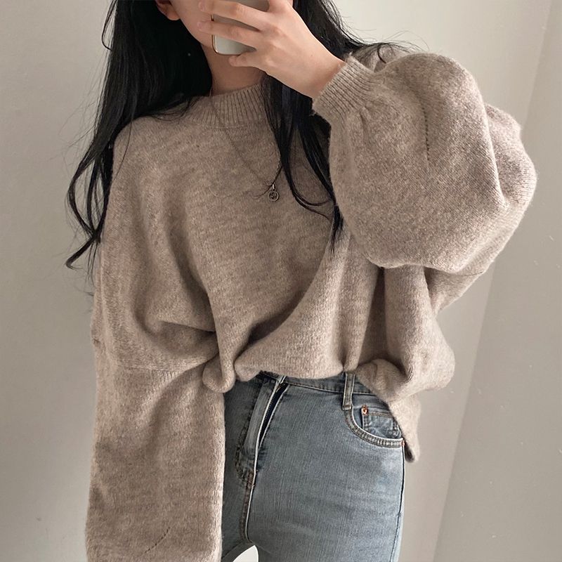 Lazy style sweater for women thickened winter Korean mid-length super soft slit sweater
