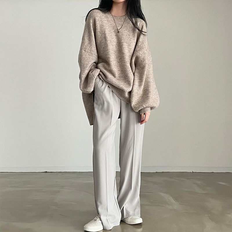 Lazy style sweater for women thickened winter Korean mid-length super soft slit sweater