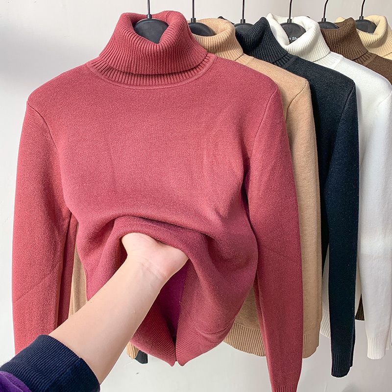 Autumn and winter new high-necked knitted sweater top with velvet and thick inner