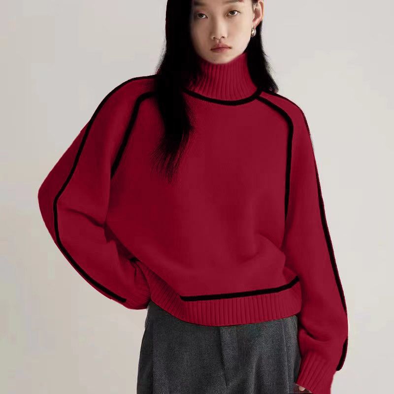 Autumn and winter half-high collar three-dimensional striped slim casual loose pullover knitted sweater lazy style sweater
