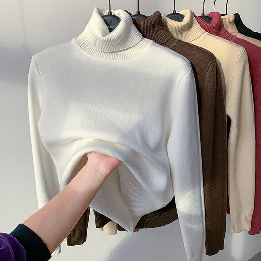 Autumn and winter new high-necked knitted sweater top with velvet and thick inner