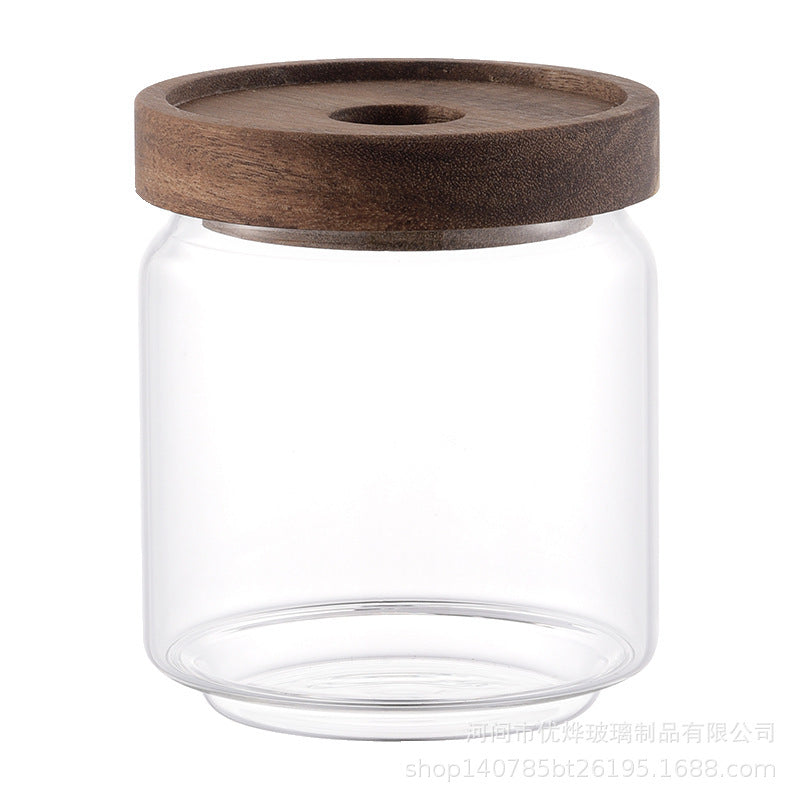 Japanese-style acacia wood lid sealing silicon transparent glass storage jar