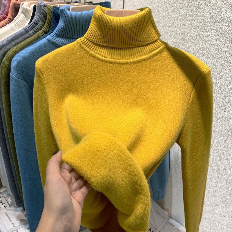Autumn and winter new high-necked knitted sweater top with velvet and thick inner