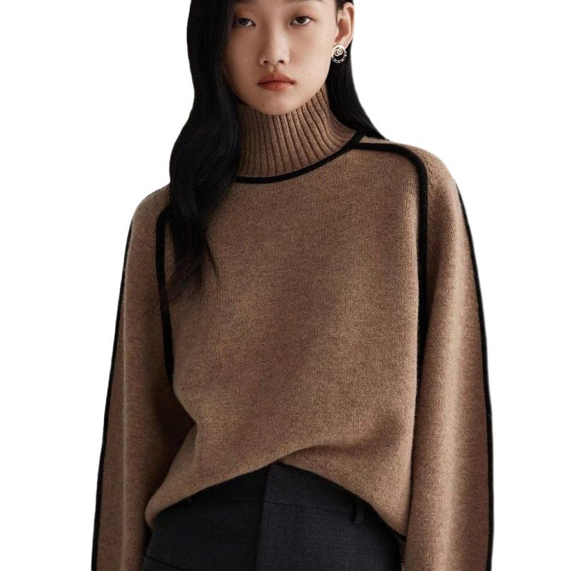 Autumn and winter half-high collar three-dimensional striped slim casual loose pullover knitted sweater lazy style sweater