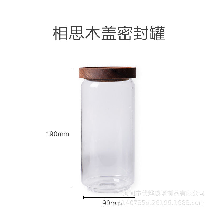 Japanese-style acacia wood lid sealing silicon transparent glass storage jar