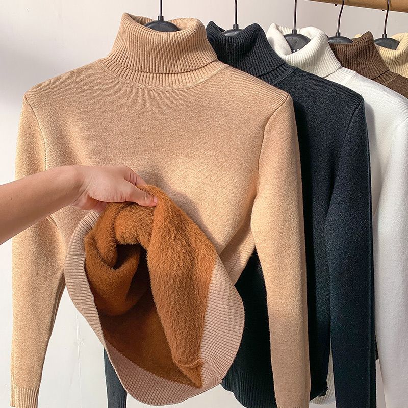Autumn and winter new high-necked knitted sweater top with velvet and thick inner