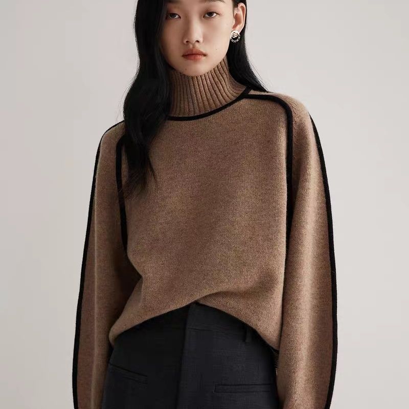 Autumn and winter half-high collar three-dimensional striped slim casual loose pullover knitted sweater lazy style sweater