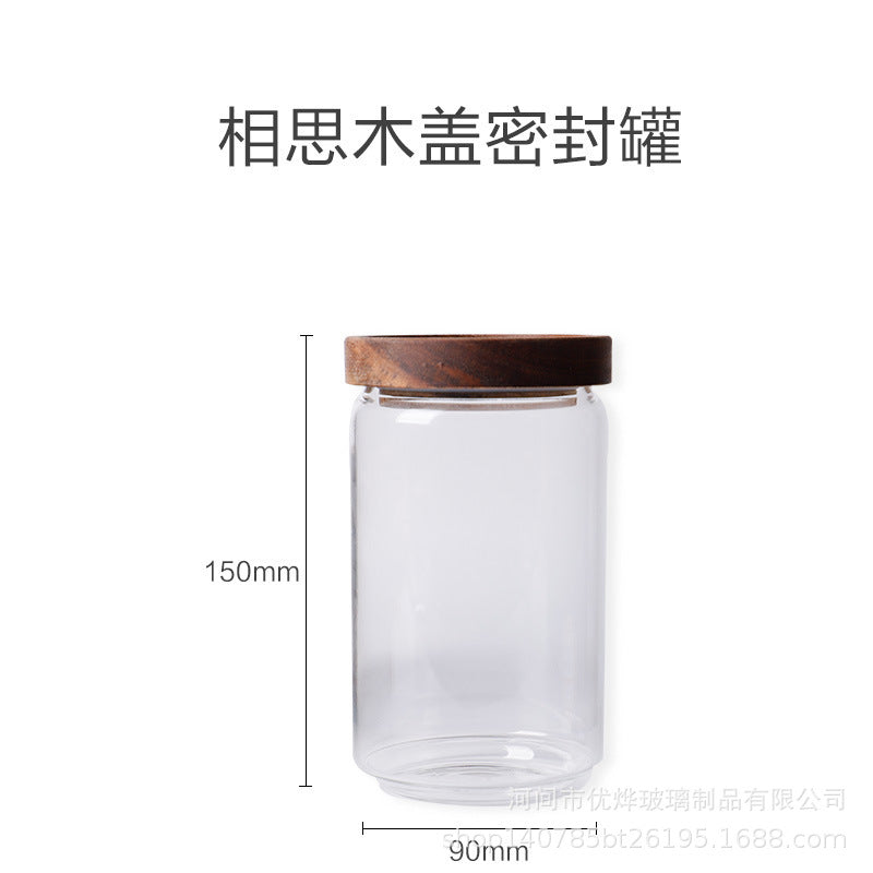 Japanese-style acacia wood lid sealing silicon transparent glass storage jar