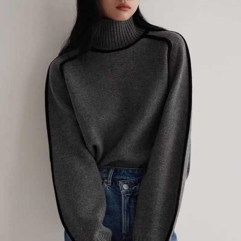 Autumn and winter half-high collar three-dimensional striped slim casual loose pullover knitted sweater lazy style sweater