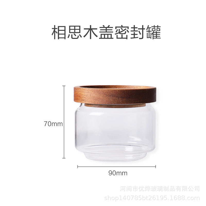 Japanese-style acacia wood lid sealing silicon transparent glass storage jar