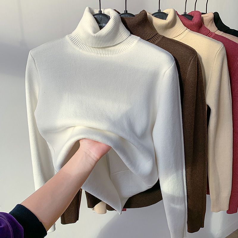 Autumn and winter new high-necked knitted sweater top with velvet and thick inner