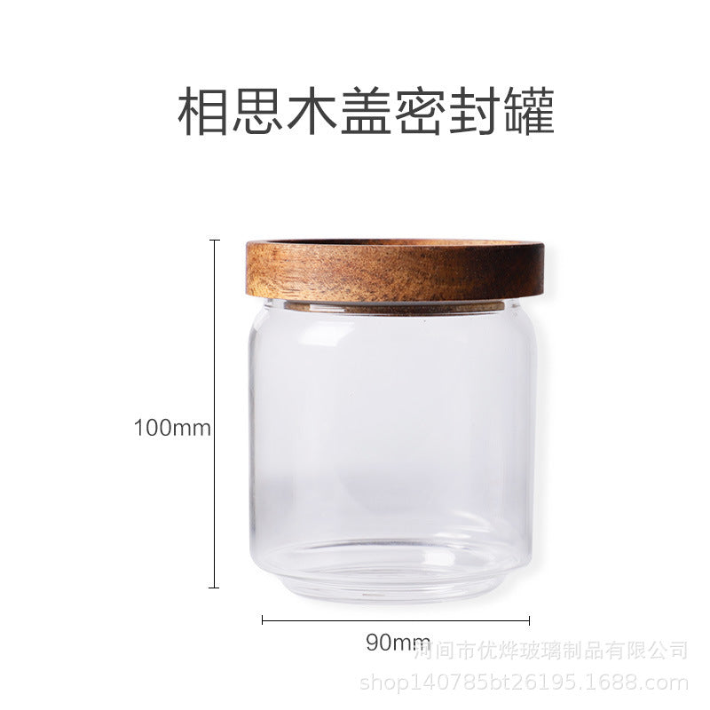 Japanese-style acacia wood lid sealing silicon transparent glass storage jar