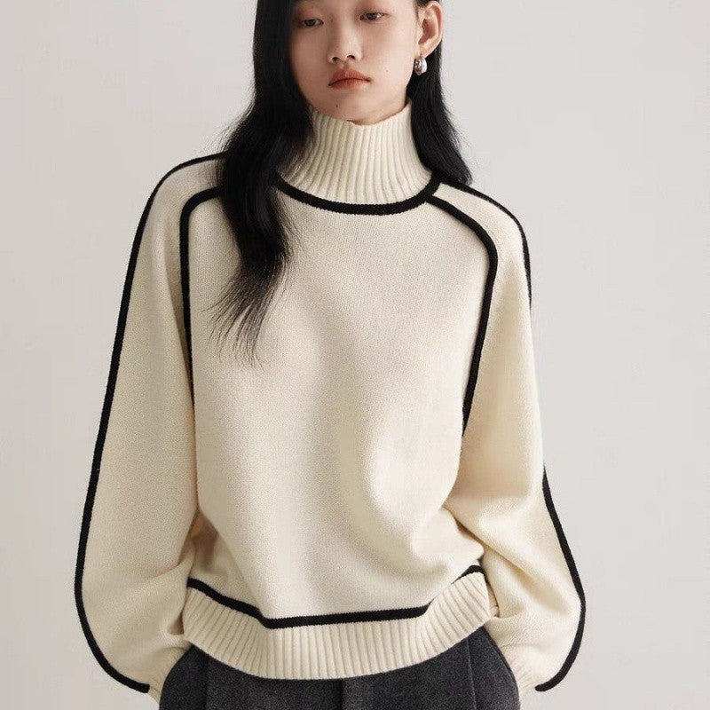 Autumn and winter half-high collar three-dimensional striped slim casual loose pullover knitted sweater lazy style sweater