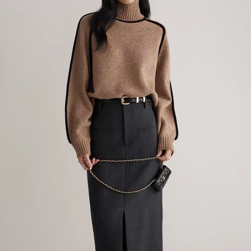 Autumn and winter half-high collar three-dimensional striped slim casual loose pullover knitted sweater lazy style sweater