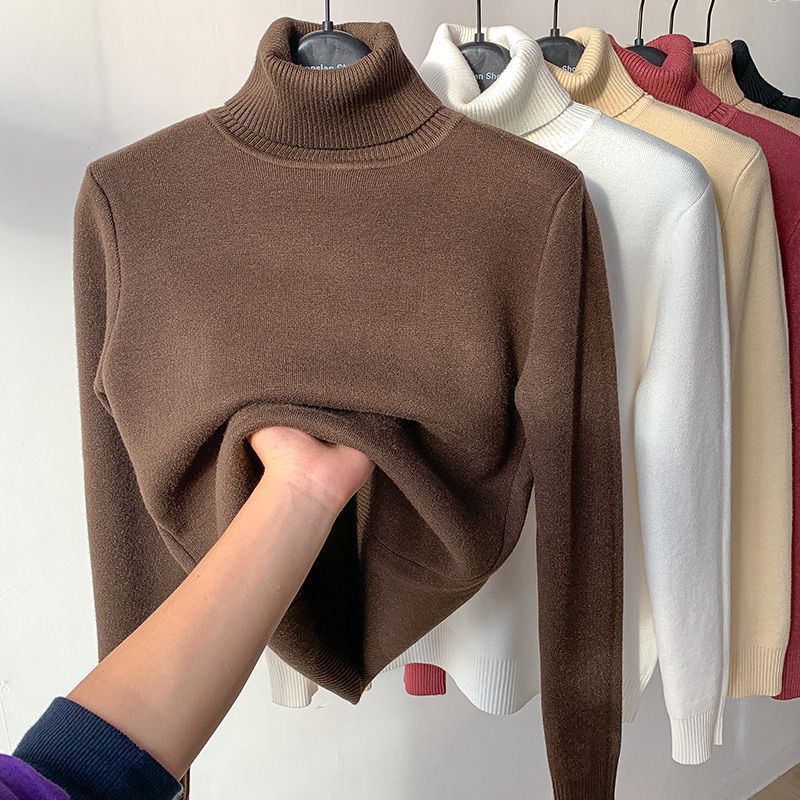 Autumn and winter new high-necked knitted sweater top with velvet and thick inner