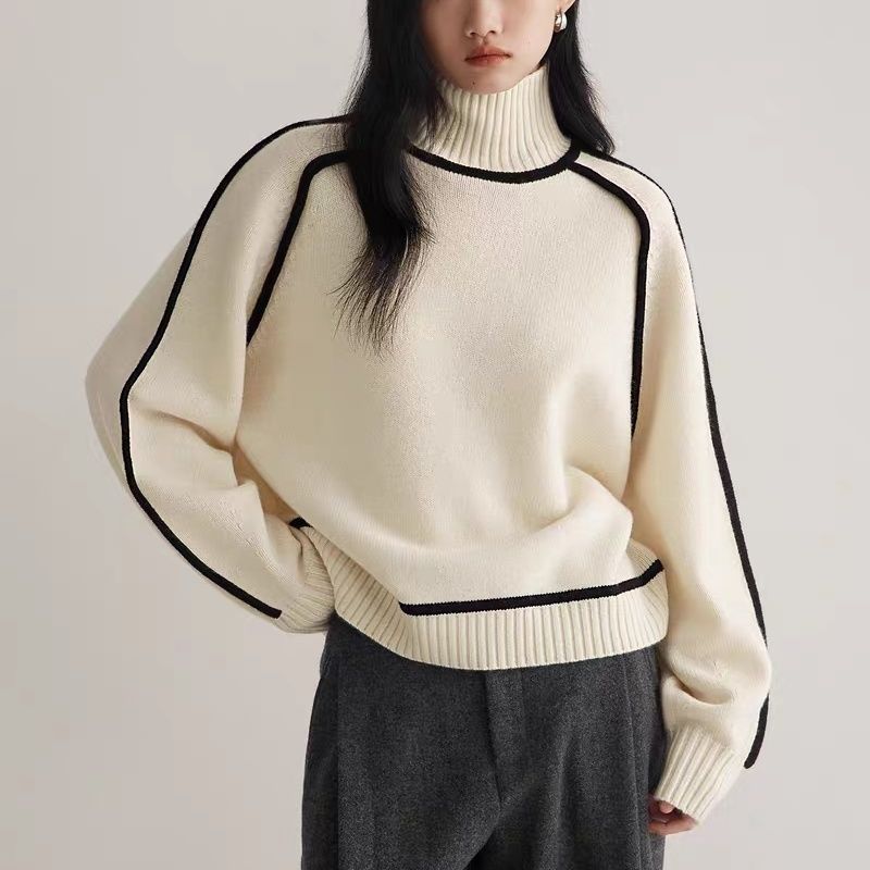 Autumn and winter half-high collar three-dimensional striped slim casual loose pullover knitted sweater lazy style sweater