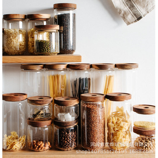 Japanese-style acacia wood lid sealing silicon transparent glass storage jar