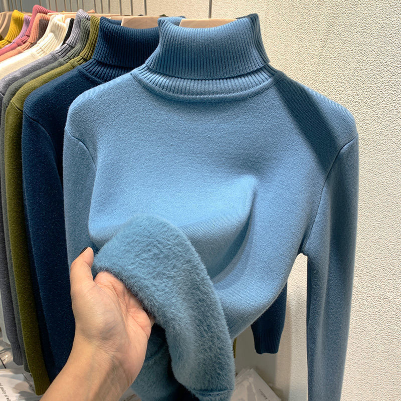 Autumn and winter new high-necked knitted sweater top with velvet and thick inner