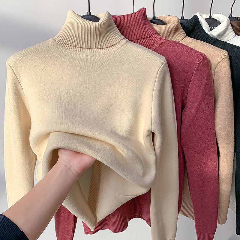 Autumn and winter new high-necked knitted sweater top with velvet and thick inner